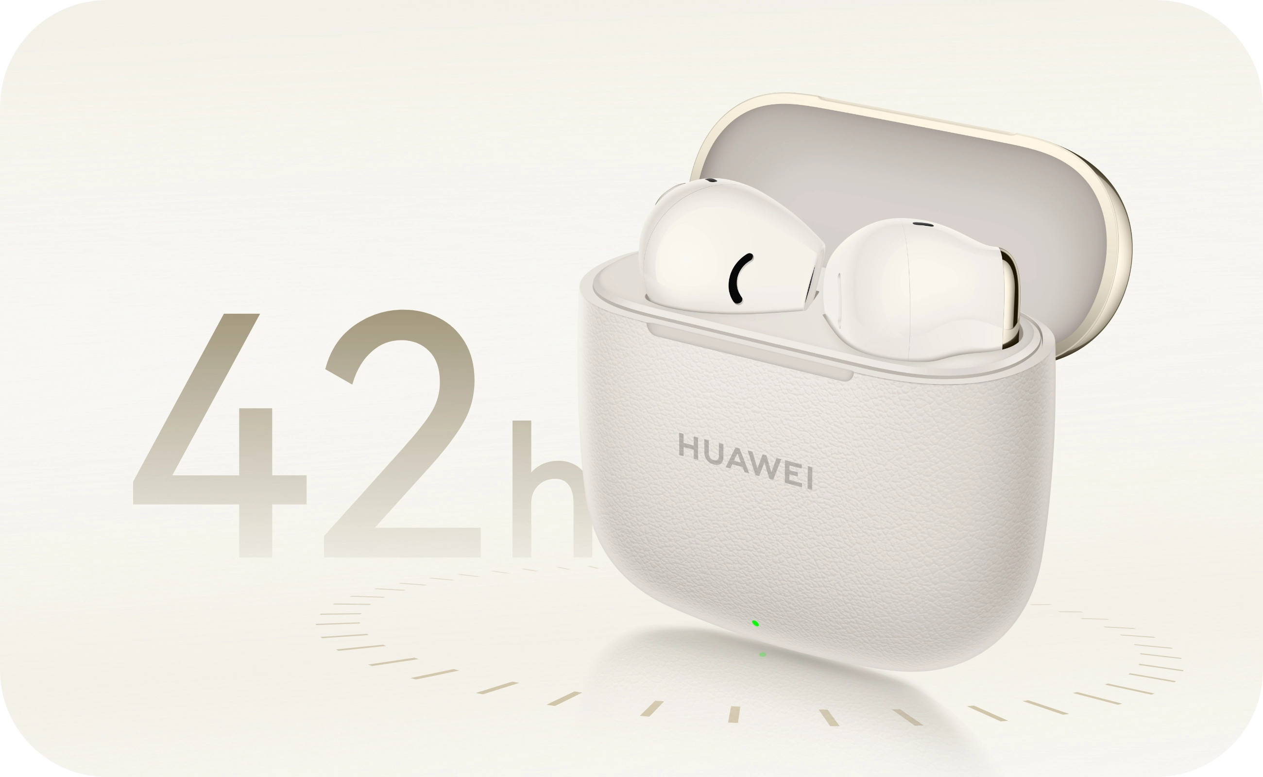 Słuchawki w otwartym etui. Etui jest białe. Tekst z boku mówi '42h'. Logo Huawei jest widoczne.