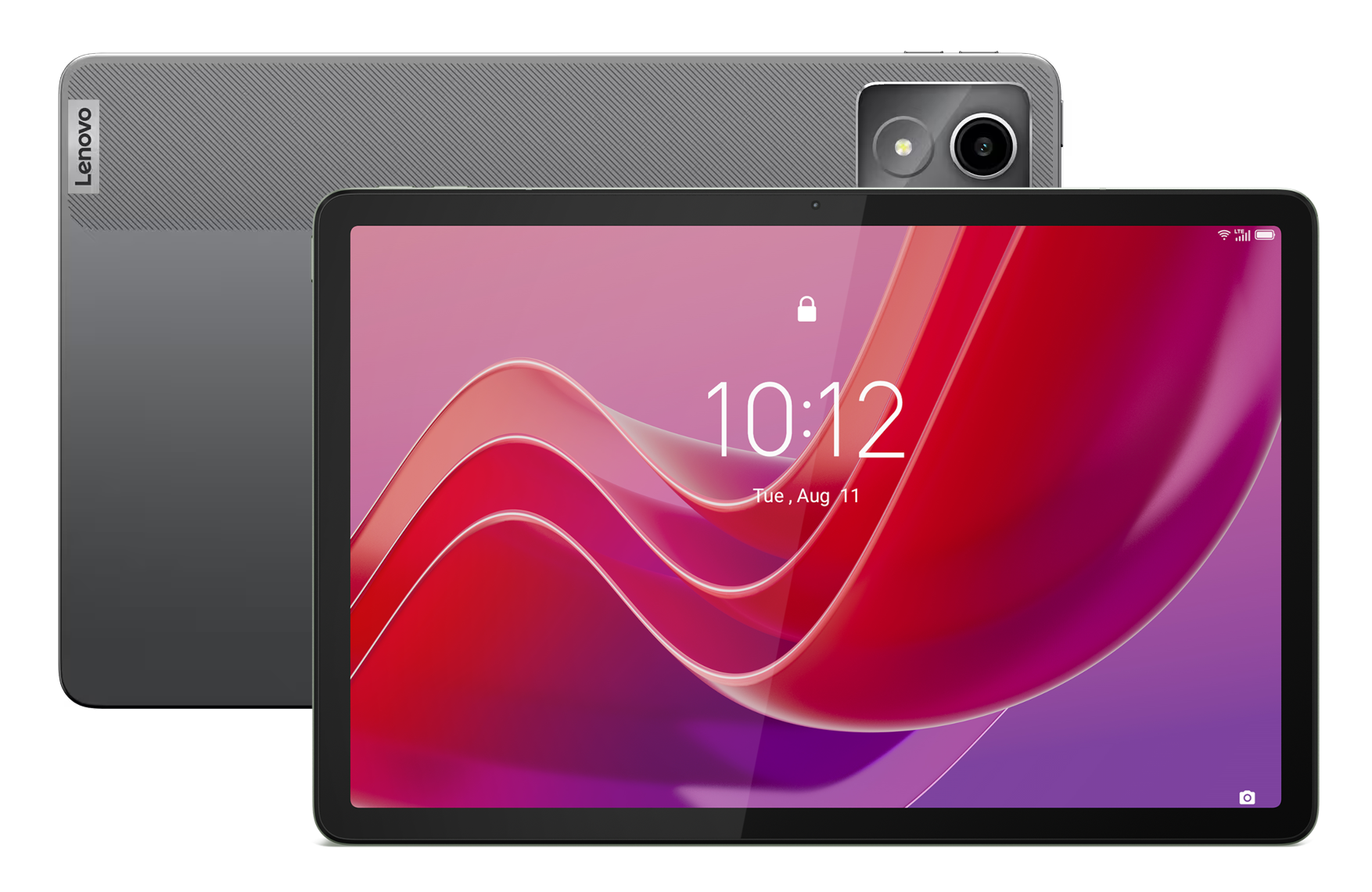Tablet Lenovo, włączony. Ekran wyświetla czerwony i fioletowy abstrakcyjny wzór z godziną i datą.