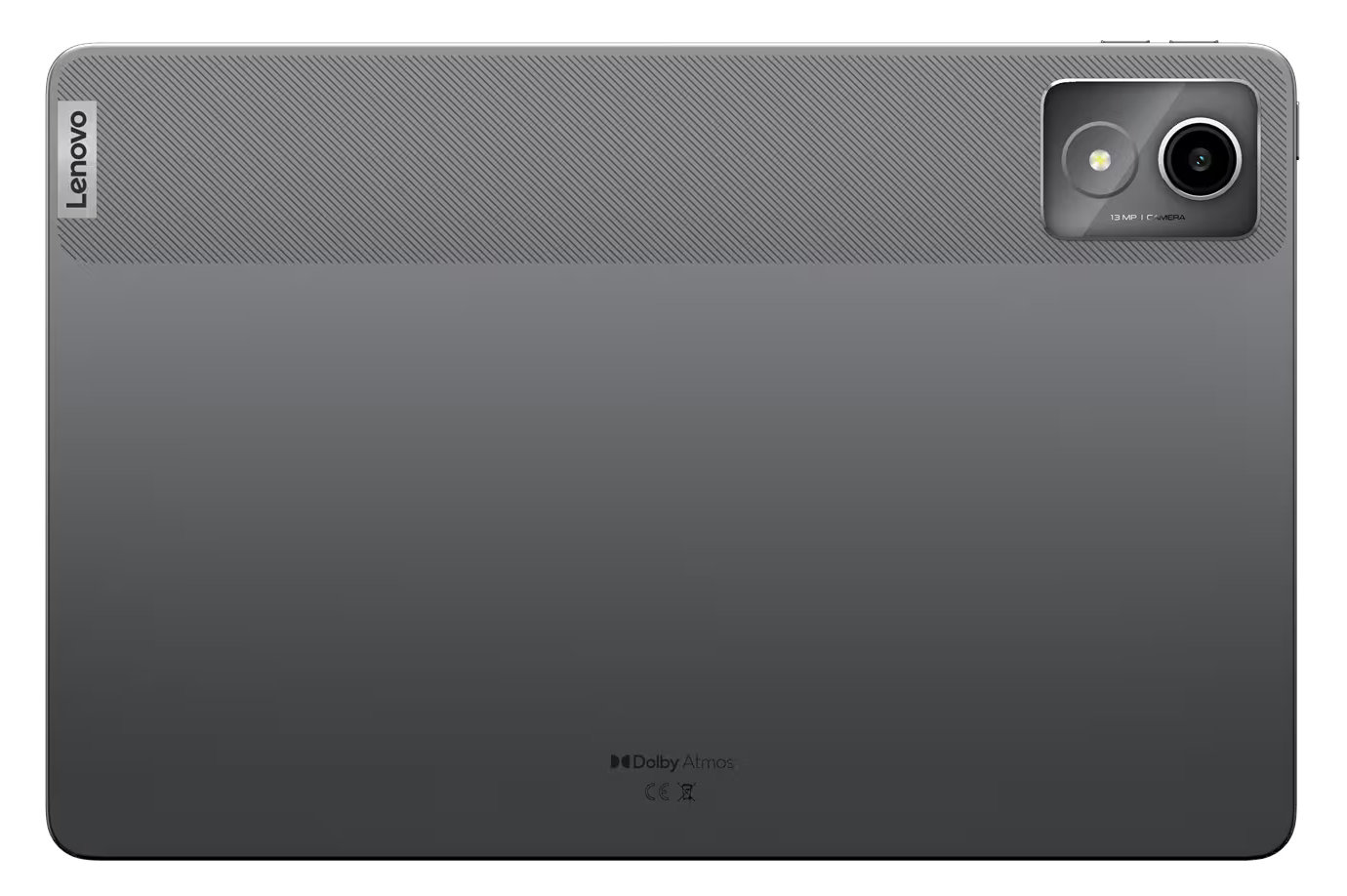 Tył tabletu Lenovo. Ma szarą, teksturowaną powierzchnię, aparat i logo Lenovo.