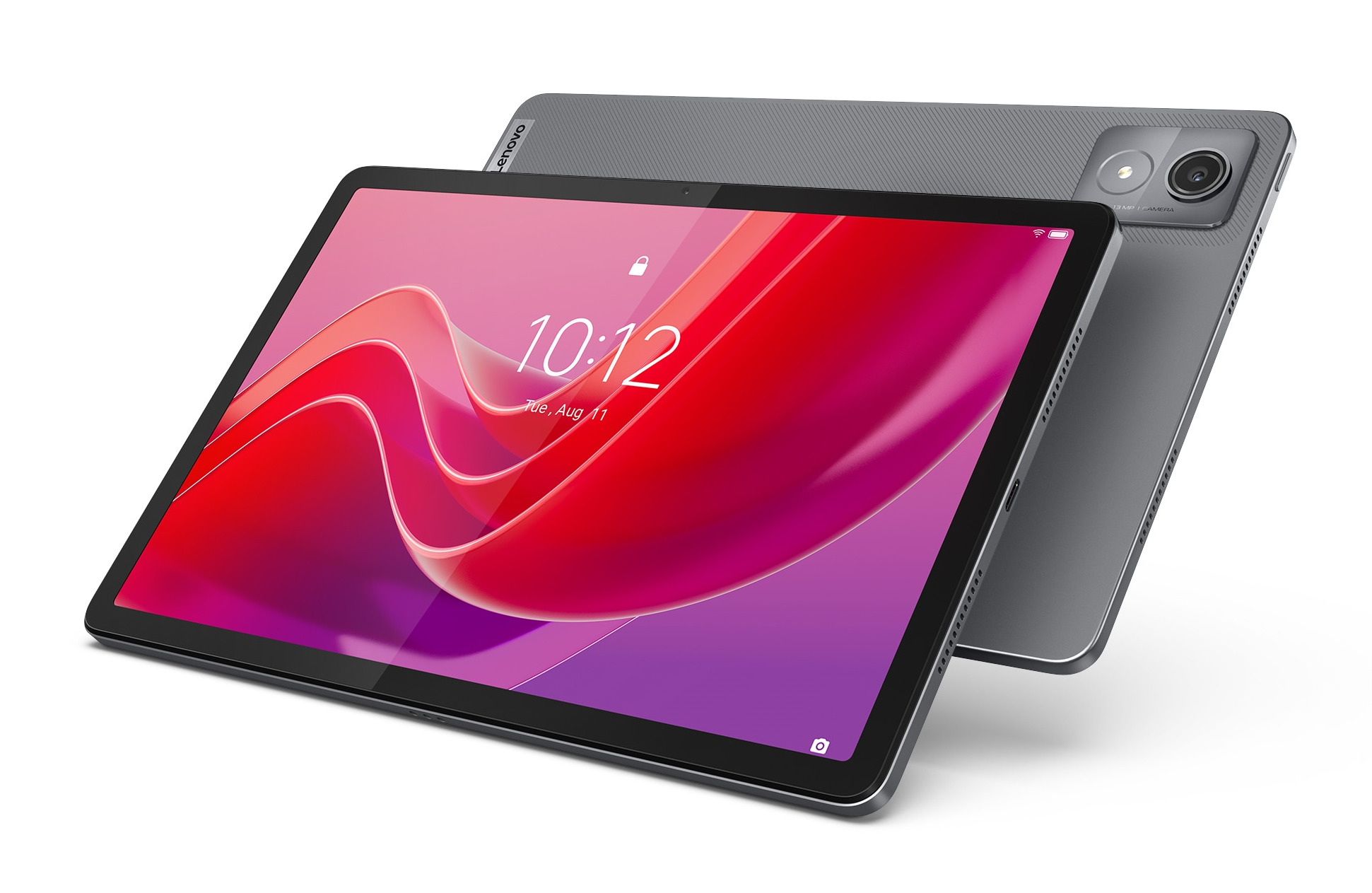 Tablet Lenovo z ekranem pokazującym czerwony i fioletowy abstrakcyjny wzór. Drugi tablet za nim.