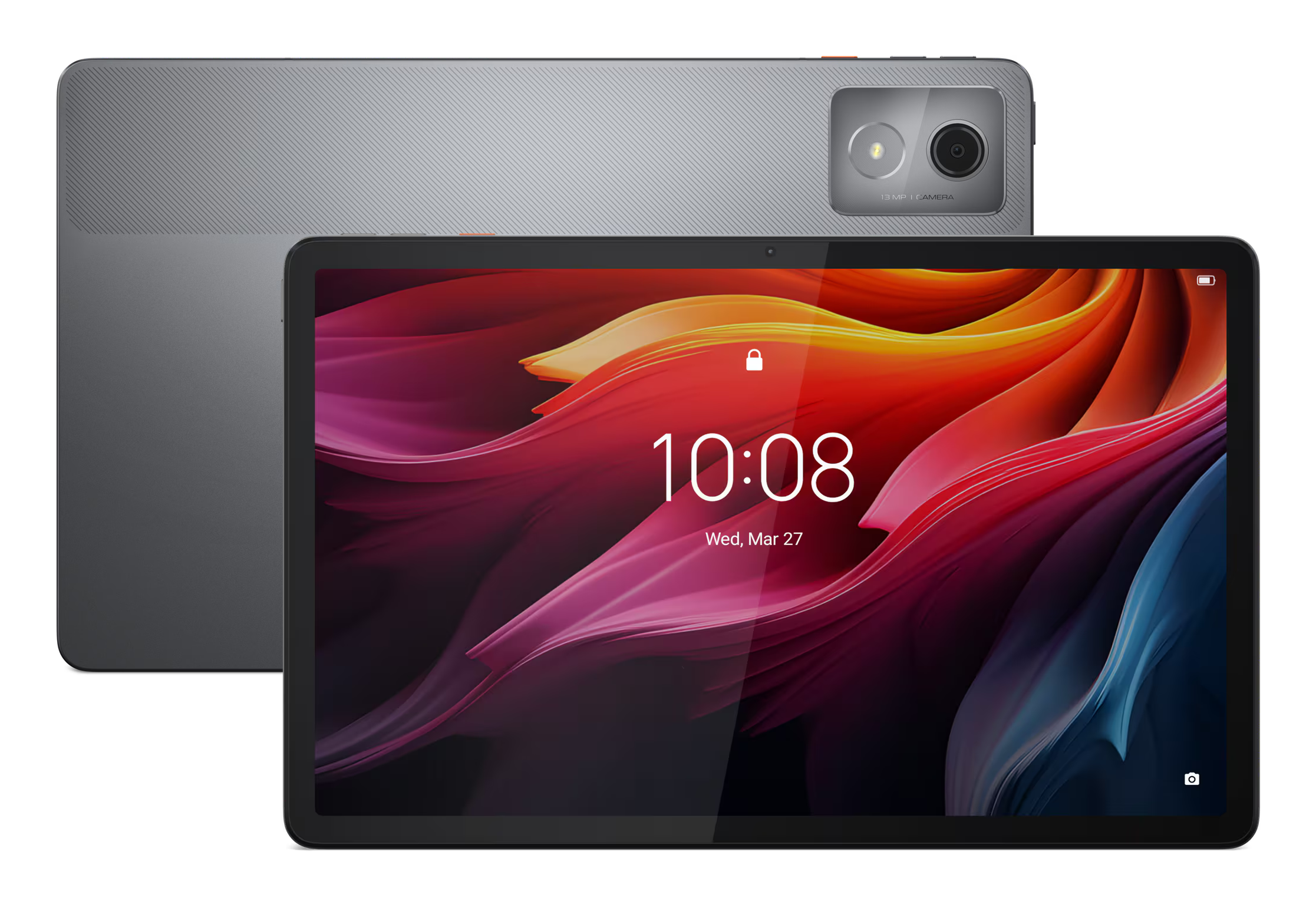 Tablet Lenovo wyświetlający kolorowy ekran z godziną i datą, z czarnym tłem.