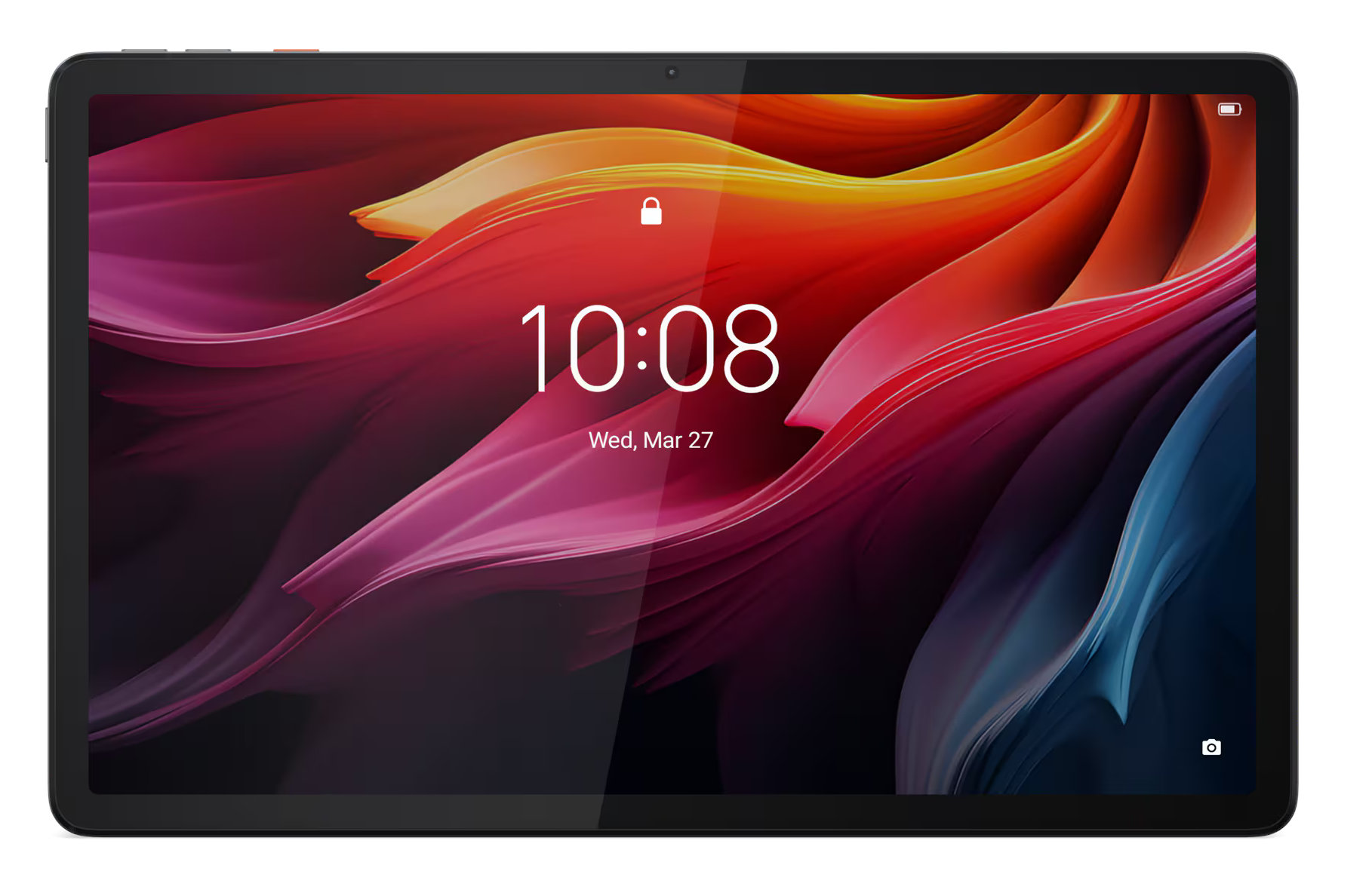 Ekran tabletu Lenovo wyświetla kolorowy wzór z godziną i datą na czarnym tle.