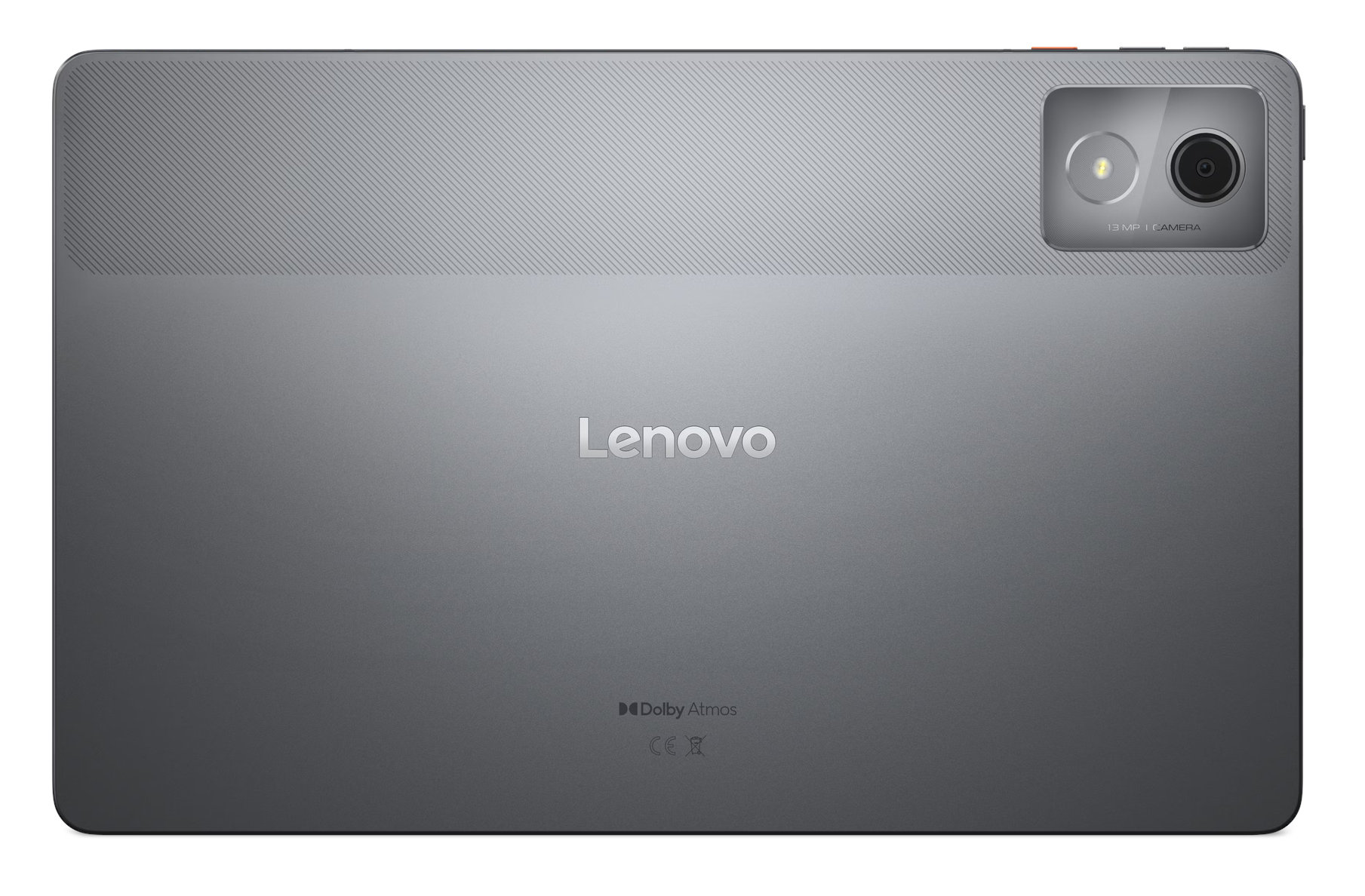 Widok z tyłu szarego tabletu Lenovo z aparatem i logo Dolby Atmos.