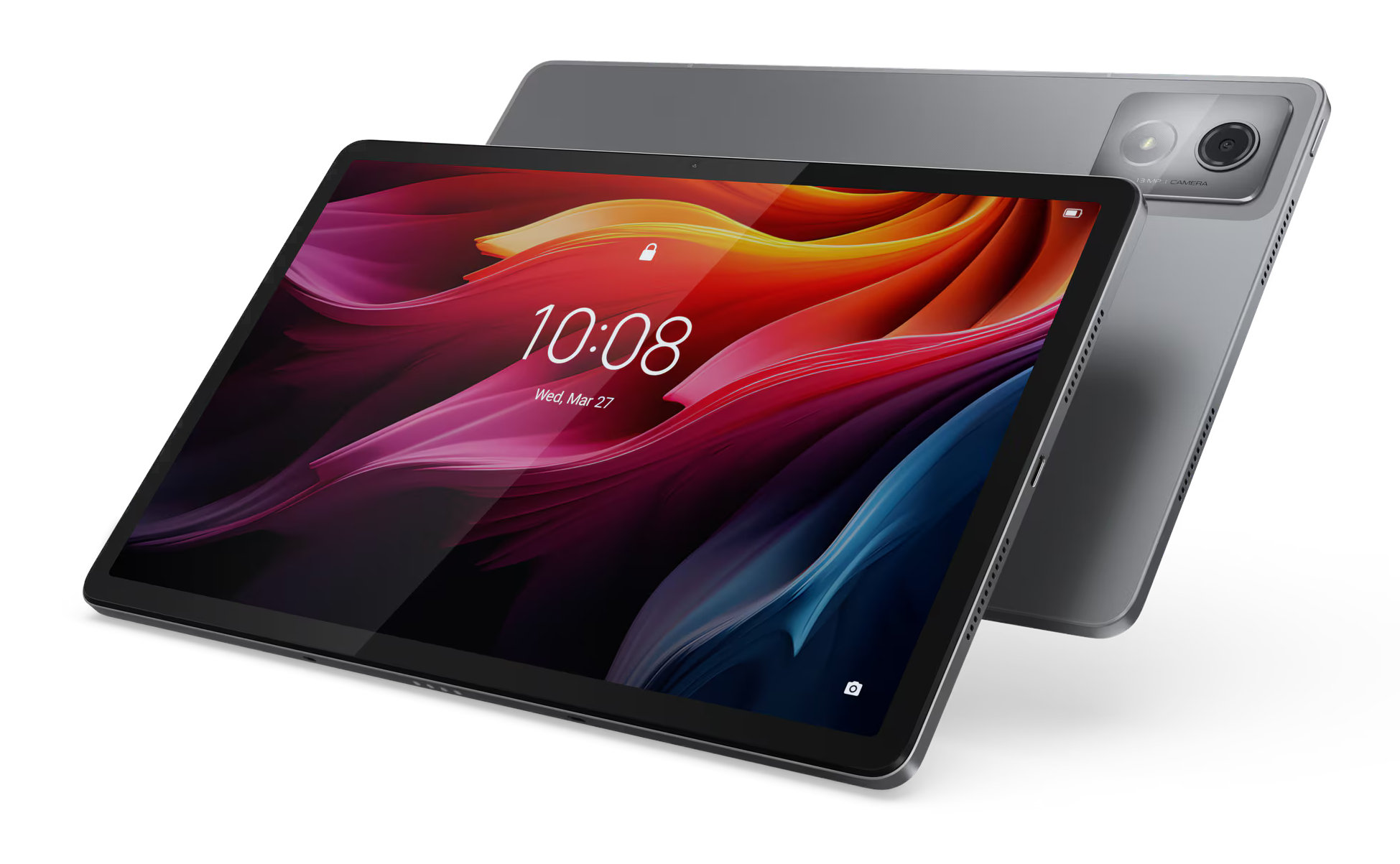 Tablet z kolorowym ekranem i aparatem, oparty o inny tablet.