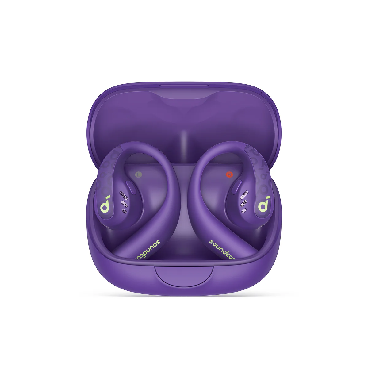 Açık mor bir şarj kutusunda mor Soundcore kulaklıklar. Kulaklıklarda Soundcore logosu var.