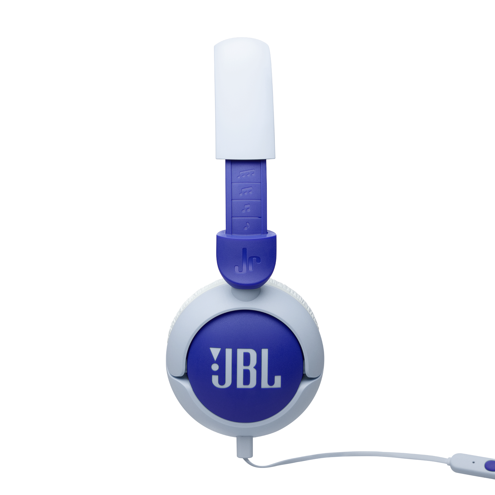 JBL kulaklık, beyaz ve mavi, JBL logosu ve beyaz kablolu.
