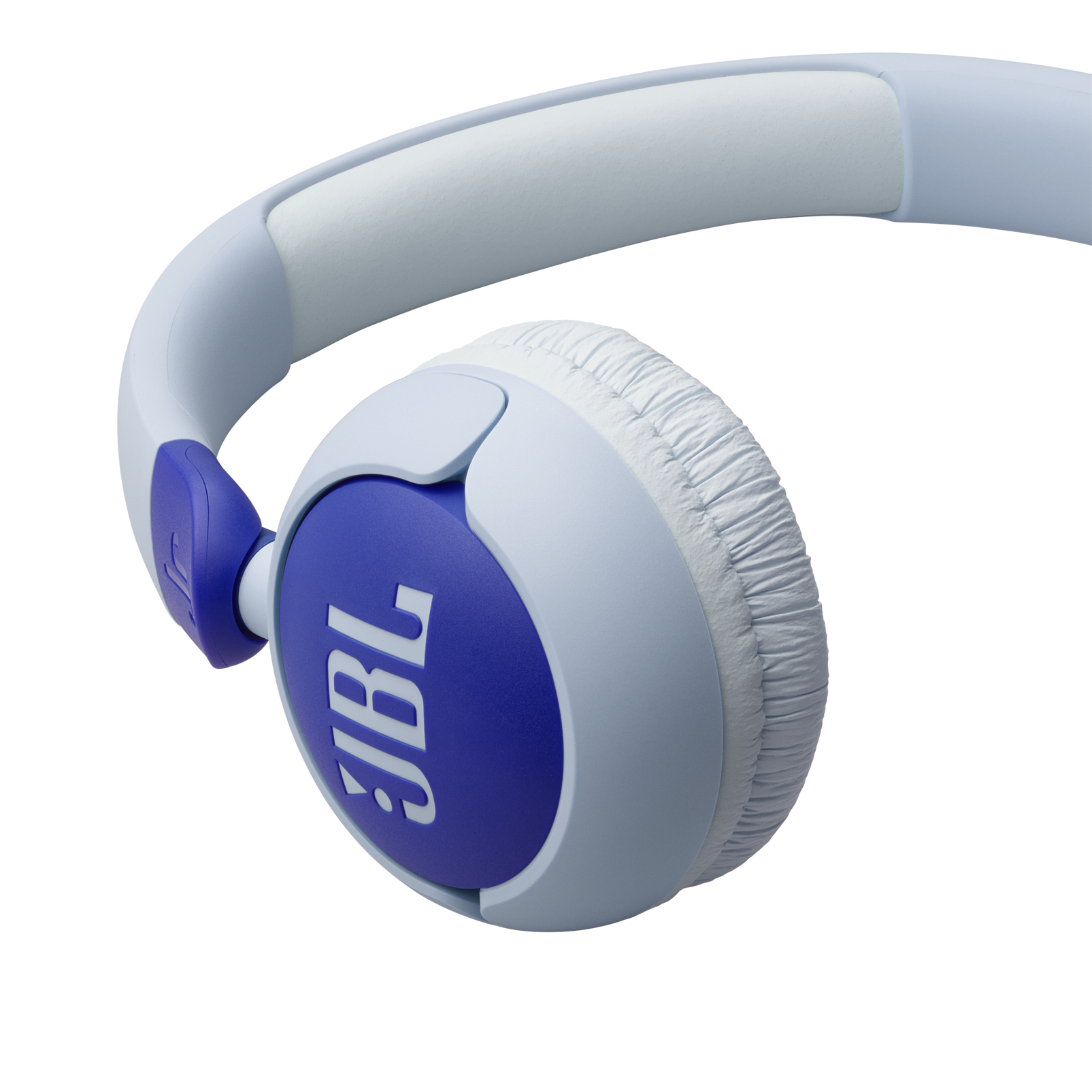 JBL kulaklık, beyaz ve mavi, kulaklığın üzerinde JBL logosu.