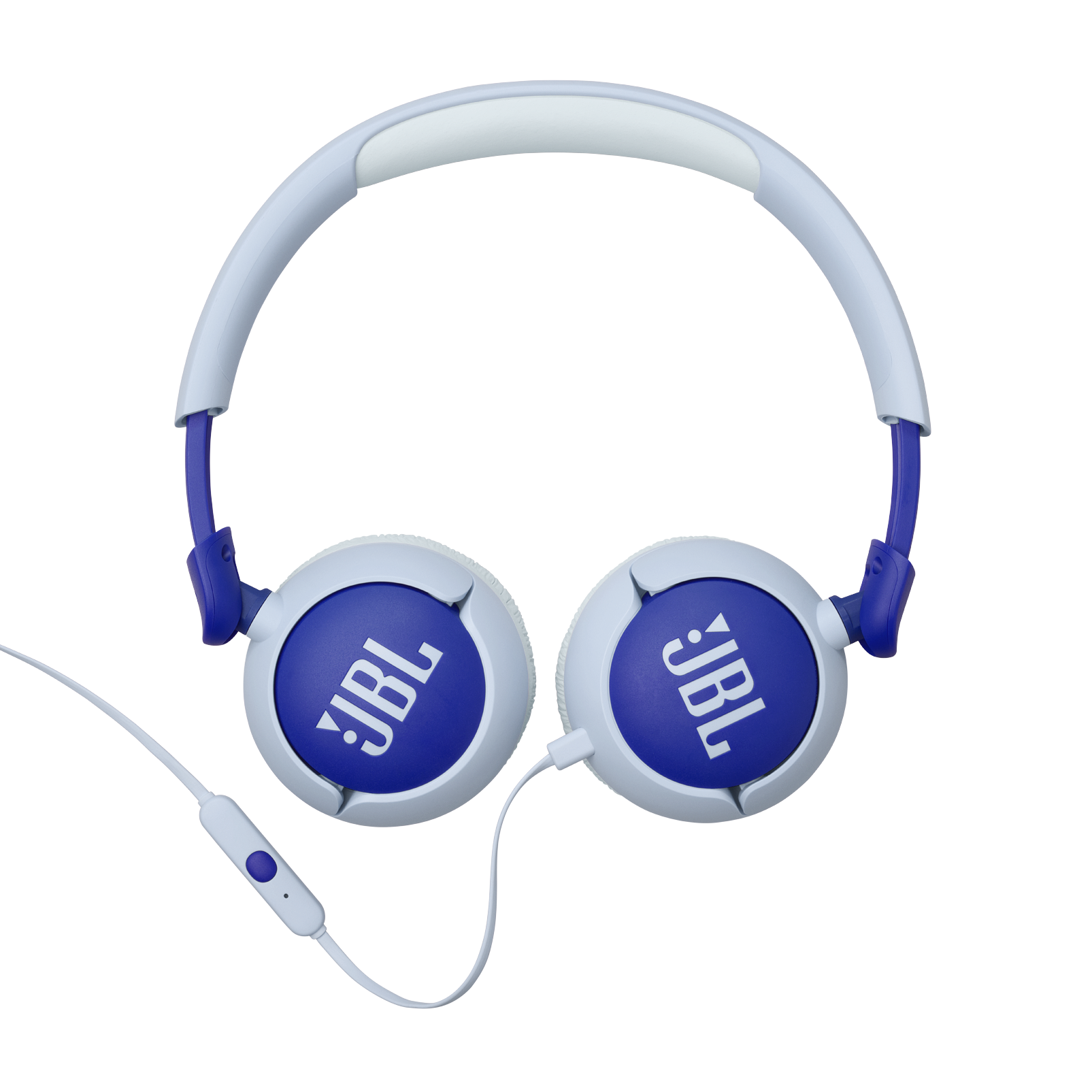 JBL kulaklık, beyaz ve mavi, JBL logosu ve beyaz kablolu.