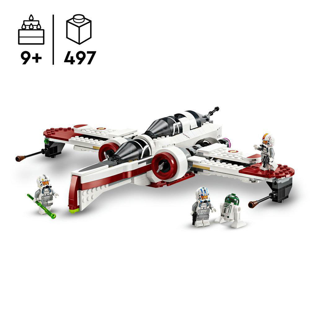 Ein Lego Star Wars X-Wing-Jäger-Modell. Er ist weiß mit roten Akzenten, Minifiguren, und das Alter ist 9+.