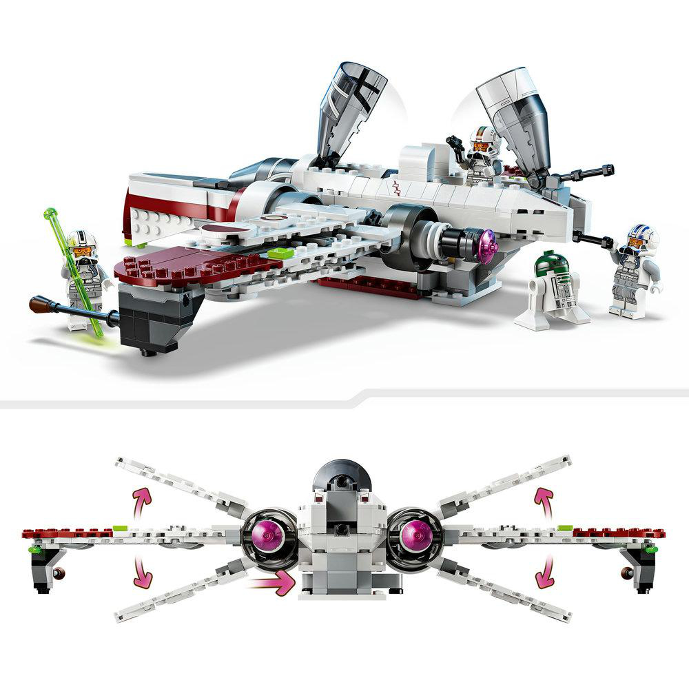 Ein Lego Star Wars Schiff mit offenen Flügeln und Minifiguren. Das Schiff ist weiß und rot mit grauer Basis.