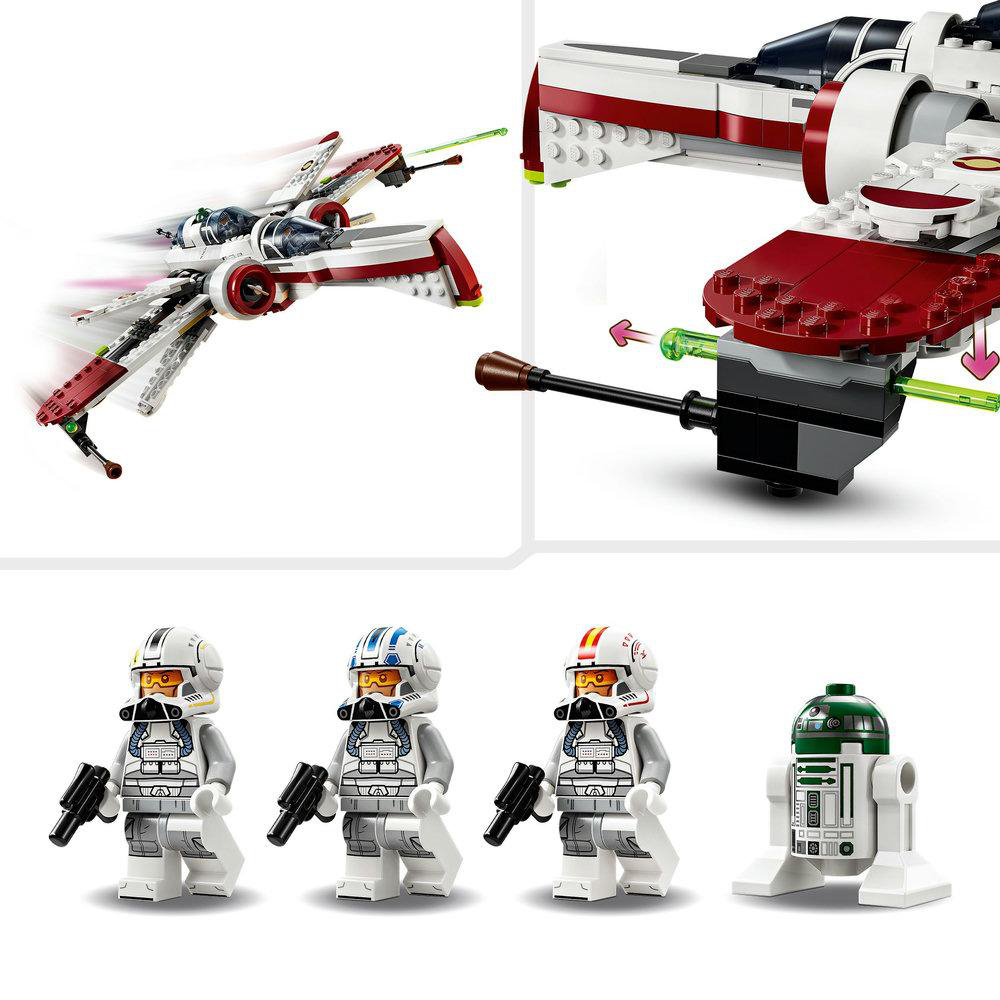 Ein Lego Star Wars Modell mit einem Schiff und Minifiguren. Das Schiff ist weiß und rot, und es gibt Action-Effekte.