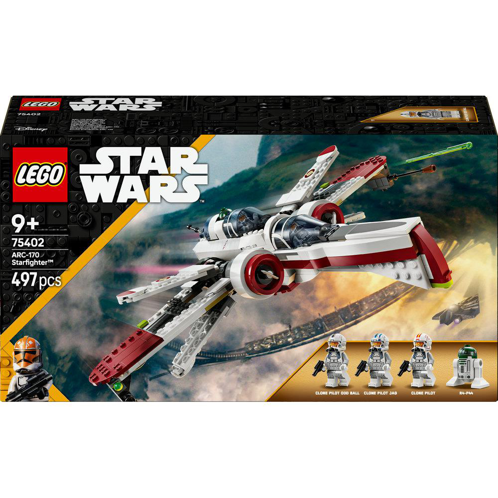 Lego Star Wars Set-Box. Die Box zeigt ein weißes und rotes Raumschiff und Minifiguren. Der Hintergrund ist schwarz.