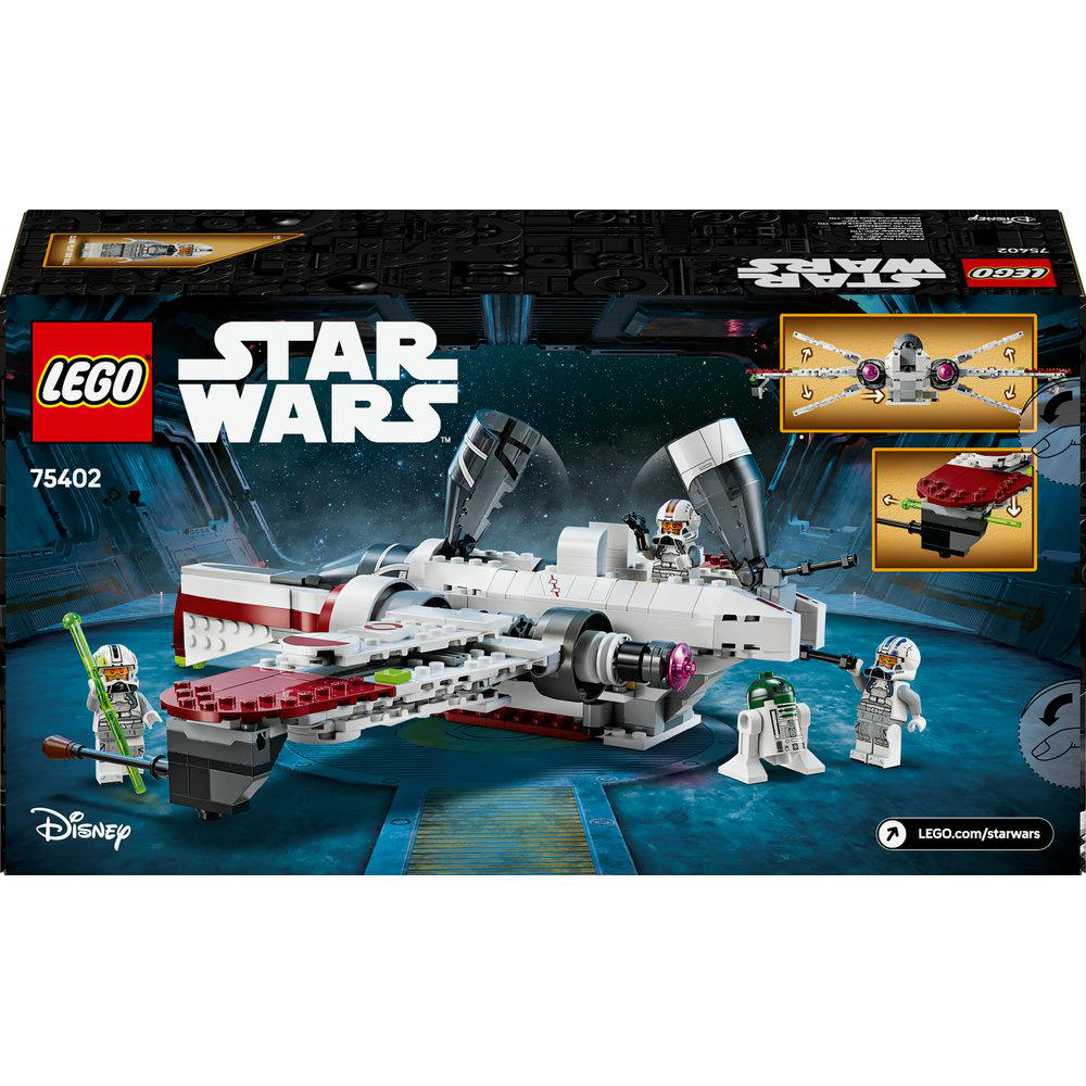 Lego Star Wars Box, die ein Modell eines X-Wing-Jägers mit Figuren in einer Weltraumszene zeigt.