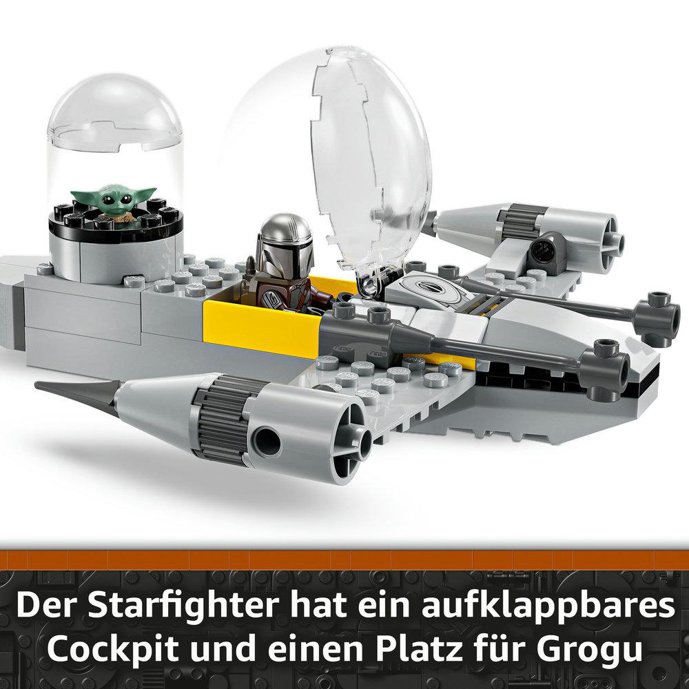 Ein Lego Starfighter-Modell mit Cockpit und Grogu. Es ist grau mit gelben und weißen Akzenten.