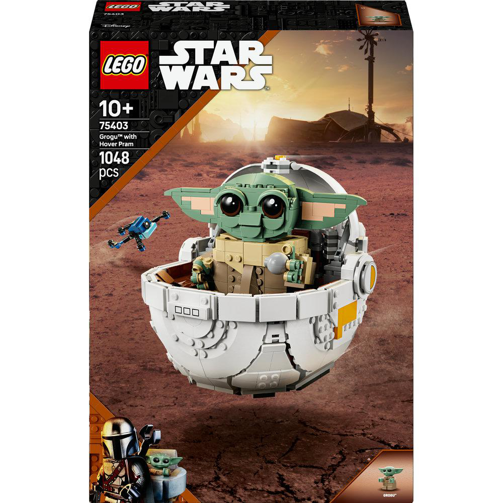Eine Lego-Box mit Grogu in einer weißen Kapsel. Ein kleines Schiff fliegt darüber, darunter der Mandalorianer.