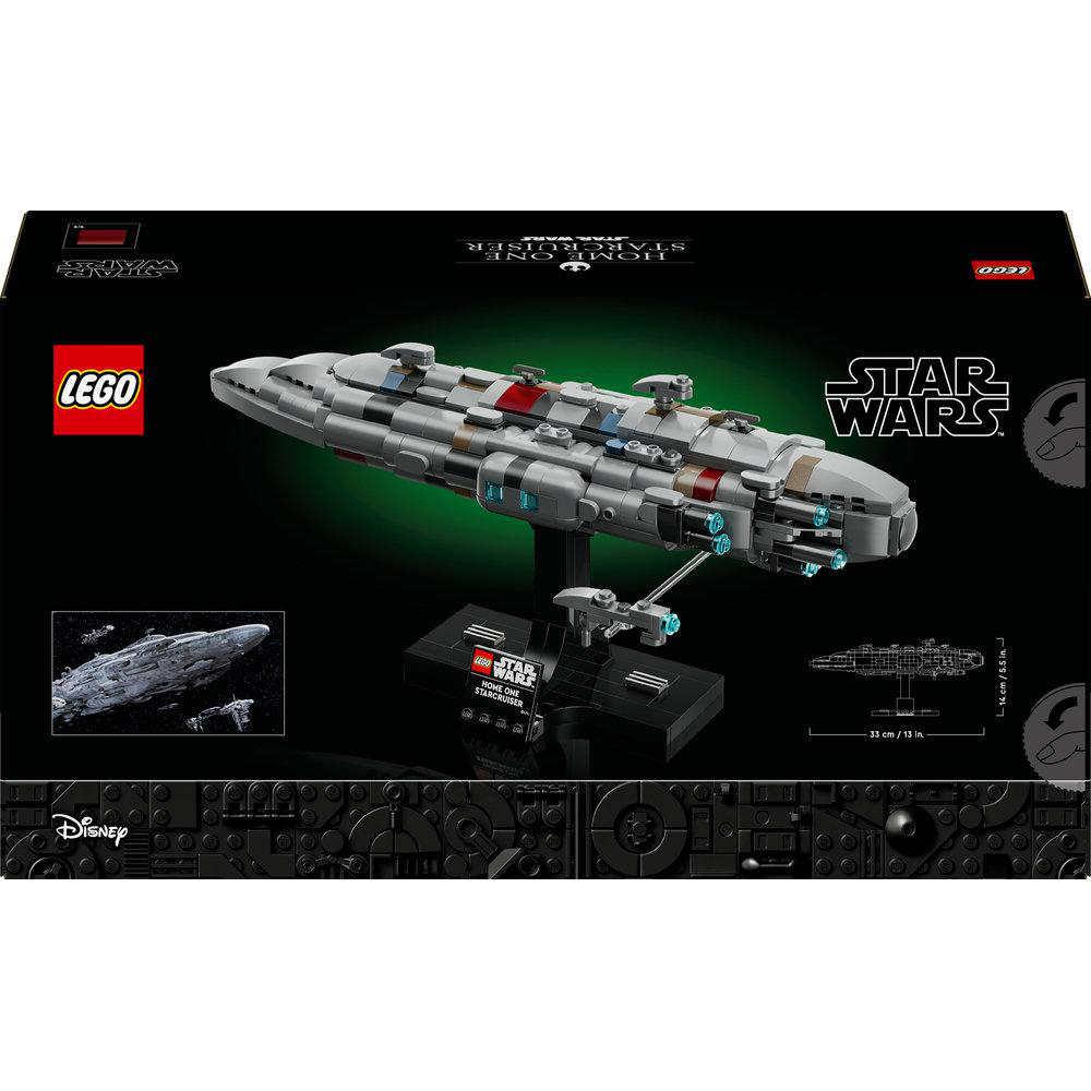 Lego Star Wars Home One Starfighter Box-Art mit einem grauen Raumschiffmodell.