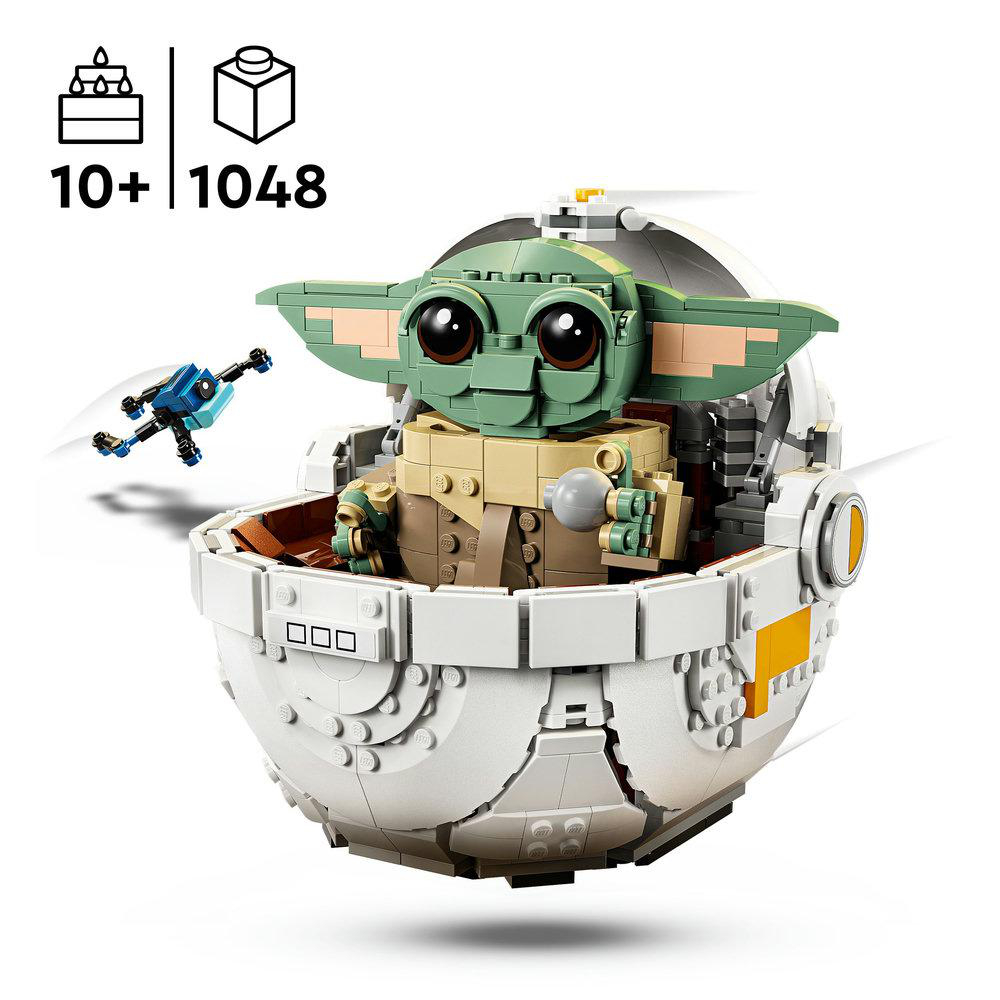 Lego-Set. Grogu in einer Kapsel, ein kleines blaues Schiff und die Worte 10+ und 1048.