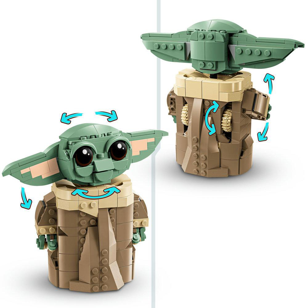 Lego Grogu Figur in verschiedenen Posen, mit drehbarem Kopf und Armen.