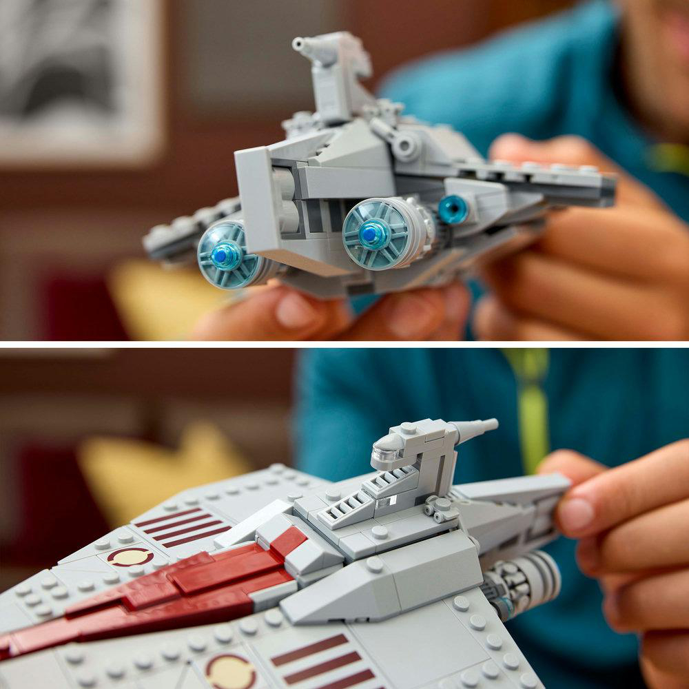Nahaufnahme eines Lego Star Wars Schiffs, das die Details der Konstruktion zeigt.