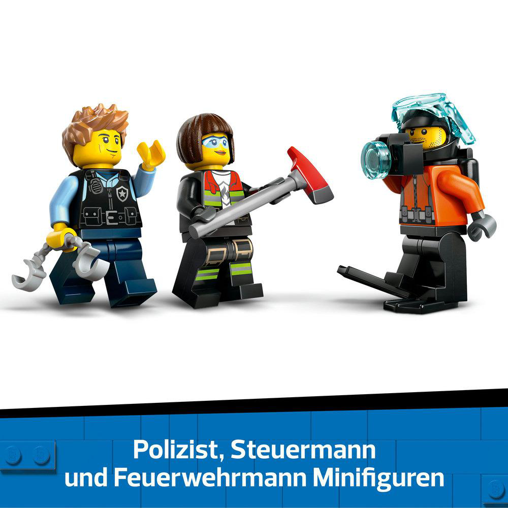 Drei Lego-Minifiguren: ein Polizist, ein Feuerwehrmann mit Axt und ein Taucher mit Sauerstofftank.