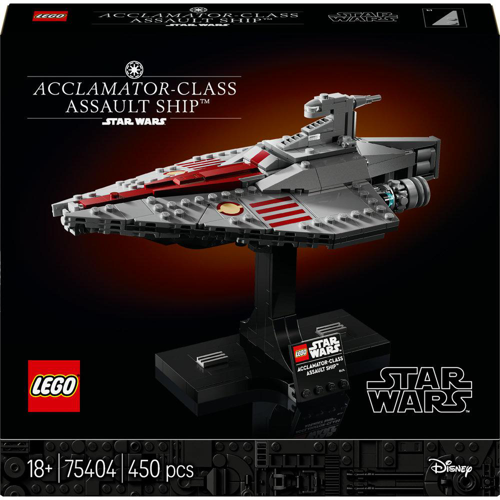 Lego Star Wars-Set. Graues und rotes Schiffsmodell auf einem schwarzen Ständer, mit Logo und Boxdetails.