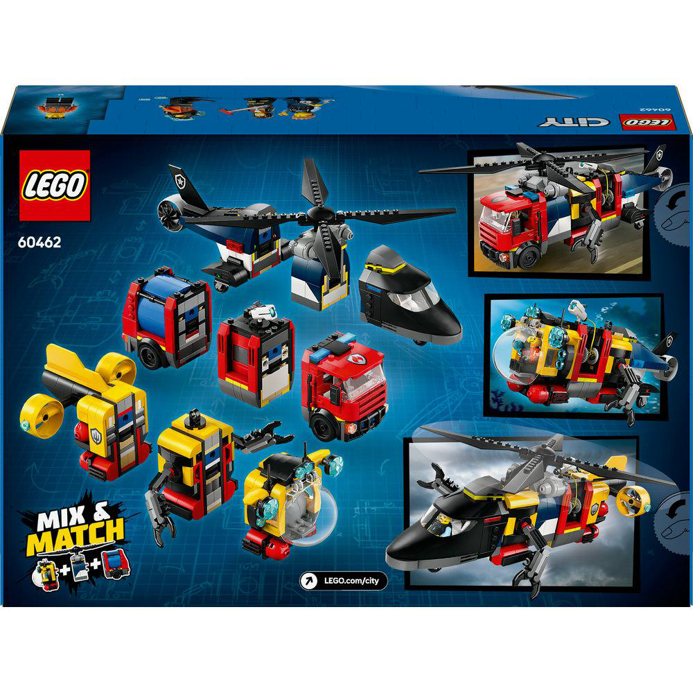 LEGO-Box mit verschiedenen Spielzeugkomponenten. Enthält einen Hubschrauber, einen LKW und andere Spielzeugstrukturen.