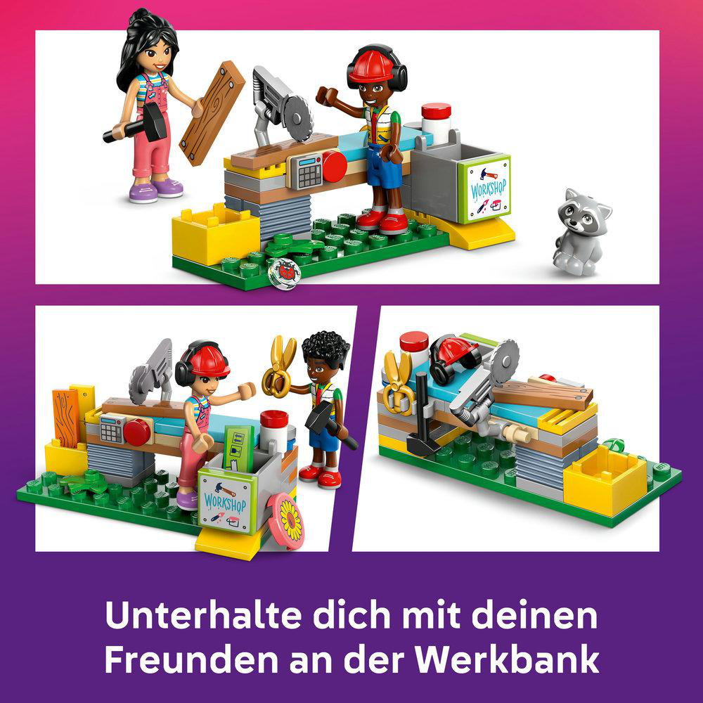 Lego Friends Werkstatt-Set mit verschiedenen Szenen mit Charakteren und Zubehör.