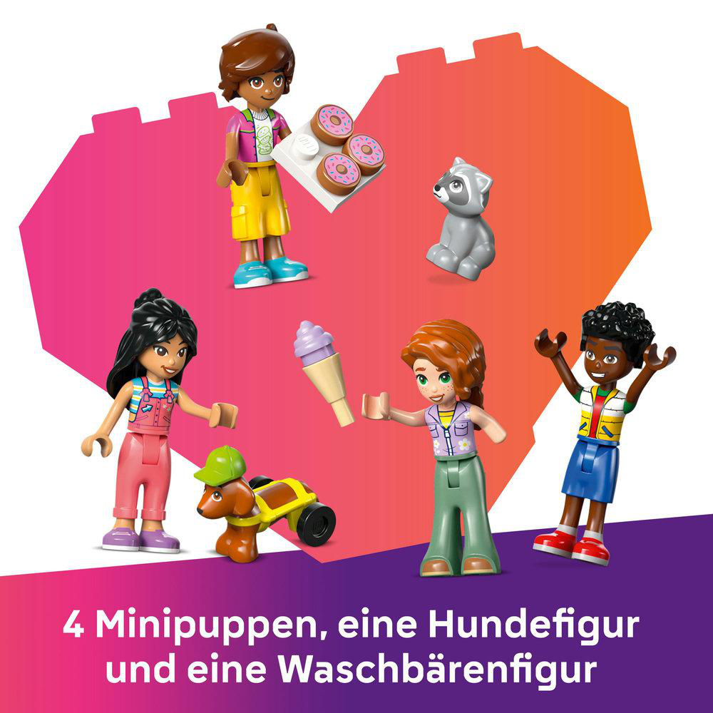 Lego Friends Set mit 4 Mini-Puppen, einer Hundefigur und einer Waschbärfigur, mit Leckereien.
