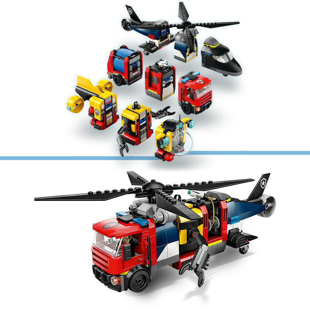 Lego-Set mit verschiedenen Spielzeugfahrzeugen, darunter Feuerwehrautos, Hubschrauber und andere modulare Teile.