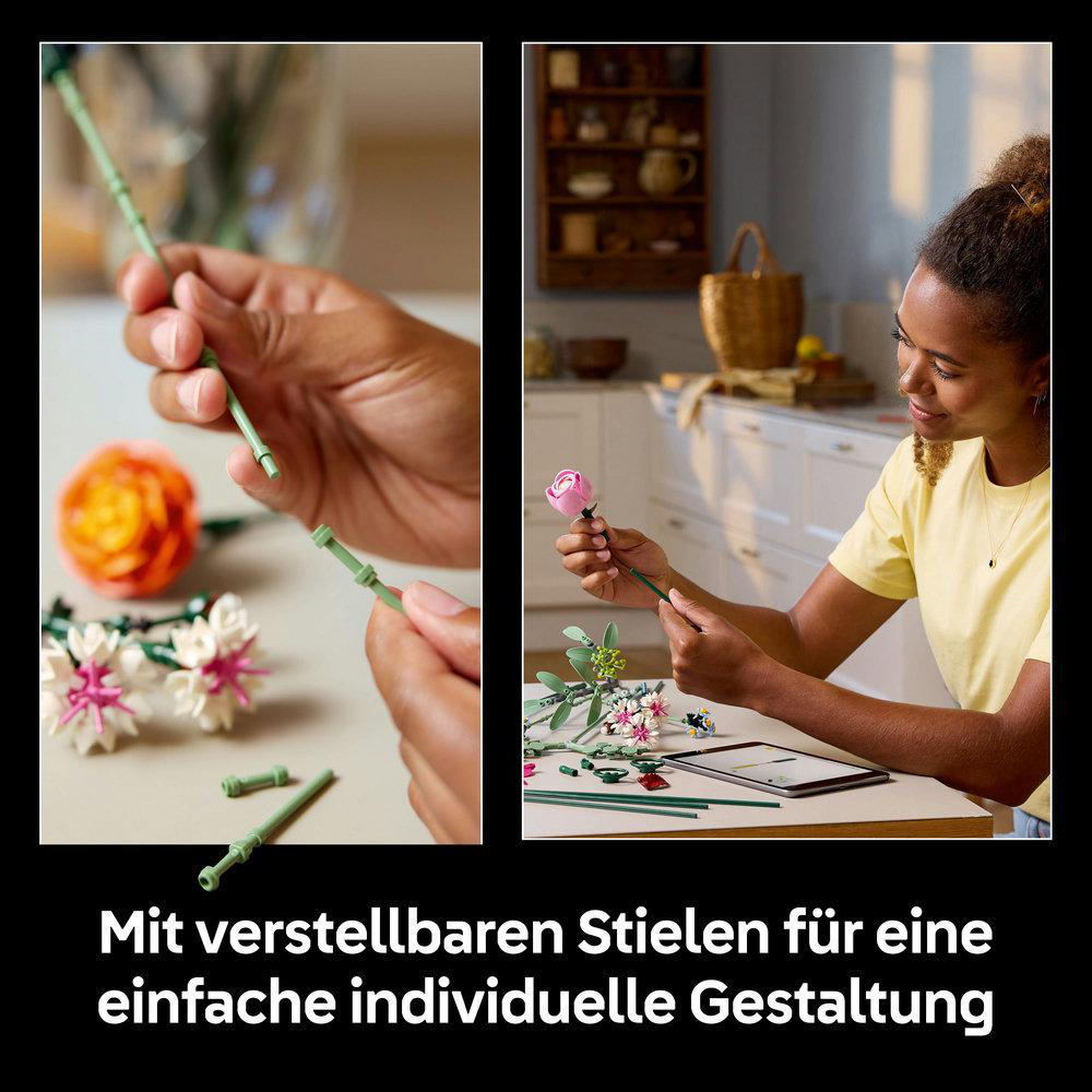 Eine Frau, die Blumenstücke mit grünen Stielen in einem hellen Raum zusammenbaut.