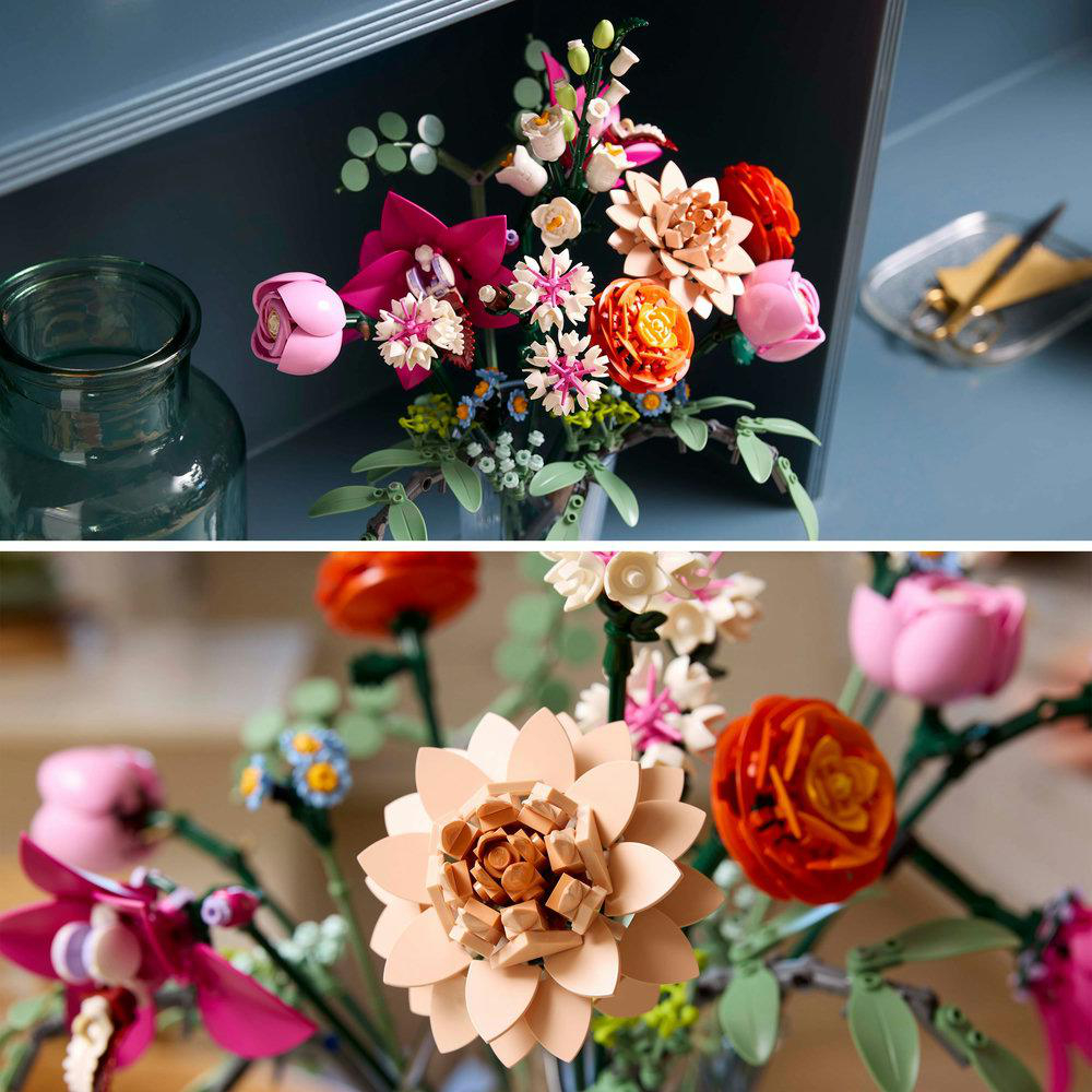 Zwei Fotos eines LEGO-Blumenstraußes in einer Vase.