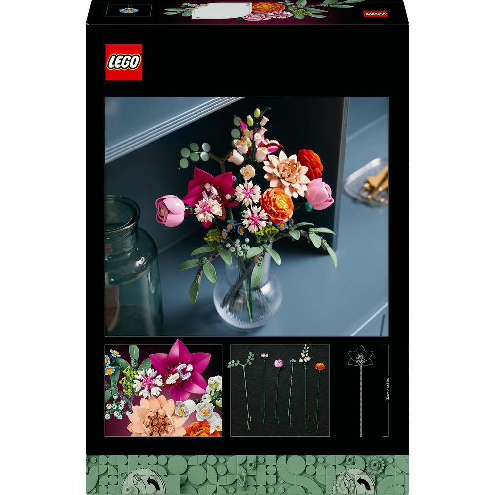 Lego-Box mit einem Blumenstrauß. Blumen in einer Vase, Nahaufnahmen von Blumen und ein Maßdiagramm.