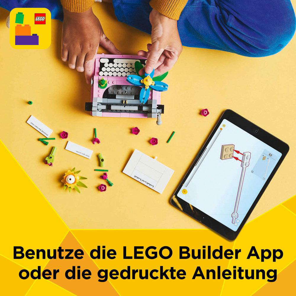 Ein Kind, das ein Tablet verwendet, um LEGOs zusammenzubauen.