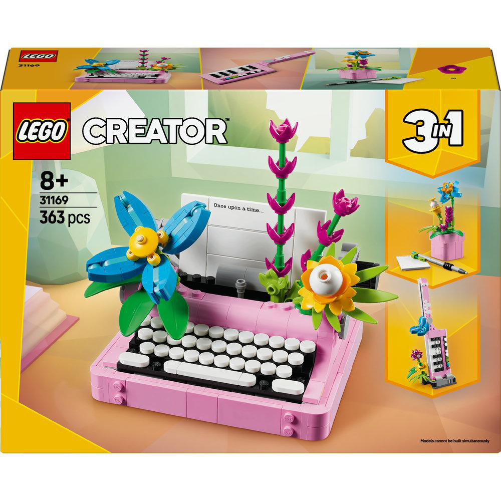 LEGO Creator Set: rosa Schreibmaschine mit Blumendekor, die Box zeigt verschiedene Bauoptionen.