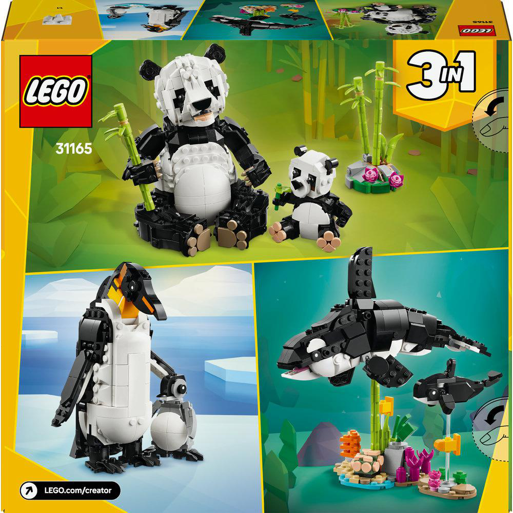 Lego Creator-Box. Pandas, Orcas und Pinguine gezeigt. Panda und Baby, Orca-Familie und Pinguin-Familie.