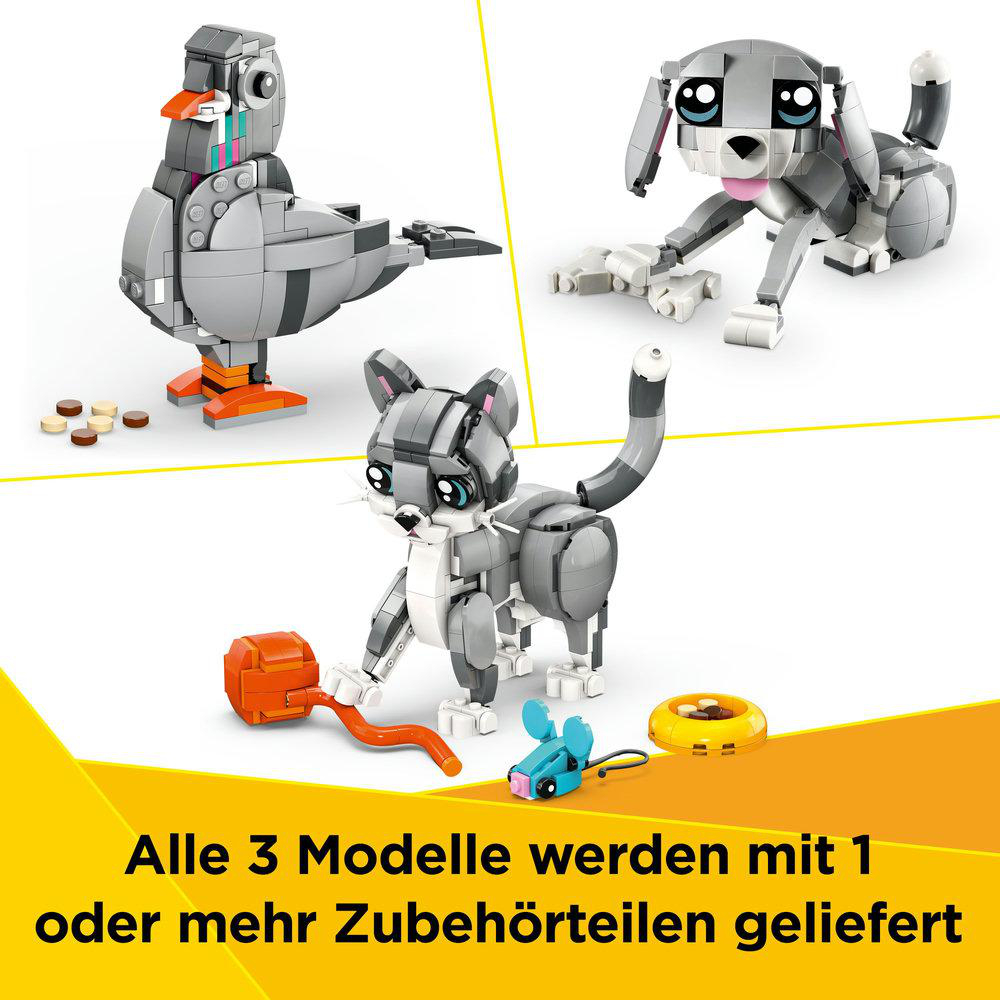 Drei LEGO-Tiermodelle: ein Vogel, ein Hund und eine Katze. Sie kommen mit Zubehör.