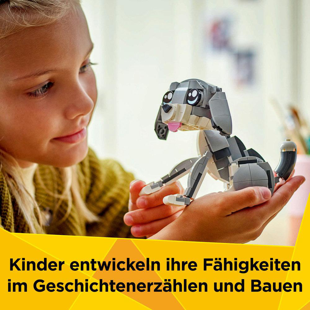 Mädchen hält Lego-Hundefigur, Text über Geschichtenerzählen und Baufähigkeiten.