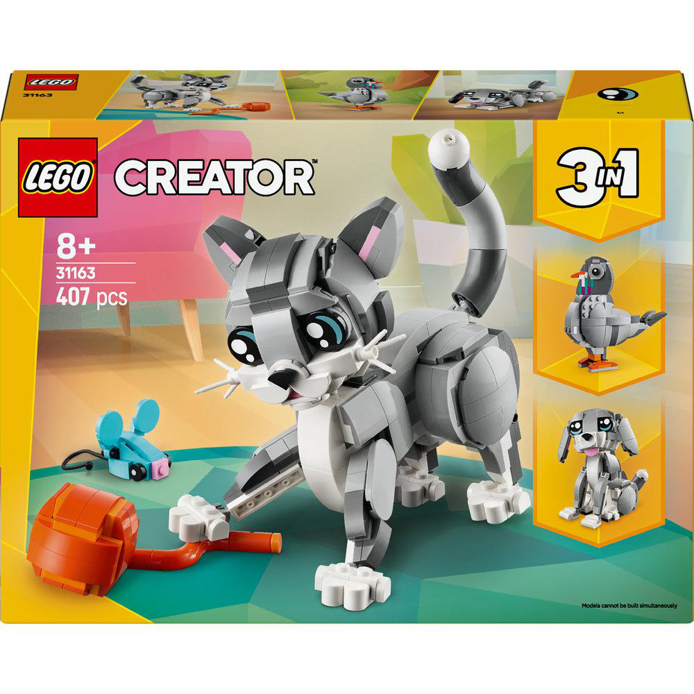Lego Creator-Box. Eine graue Katze mit Zubehör, ein Hund, eine Taube und ein Mäusespielzeug werden gezeigt. 8+ Altersgruppe.