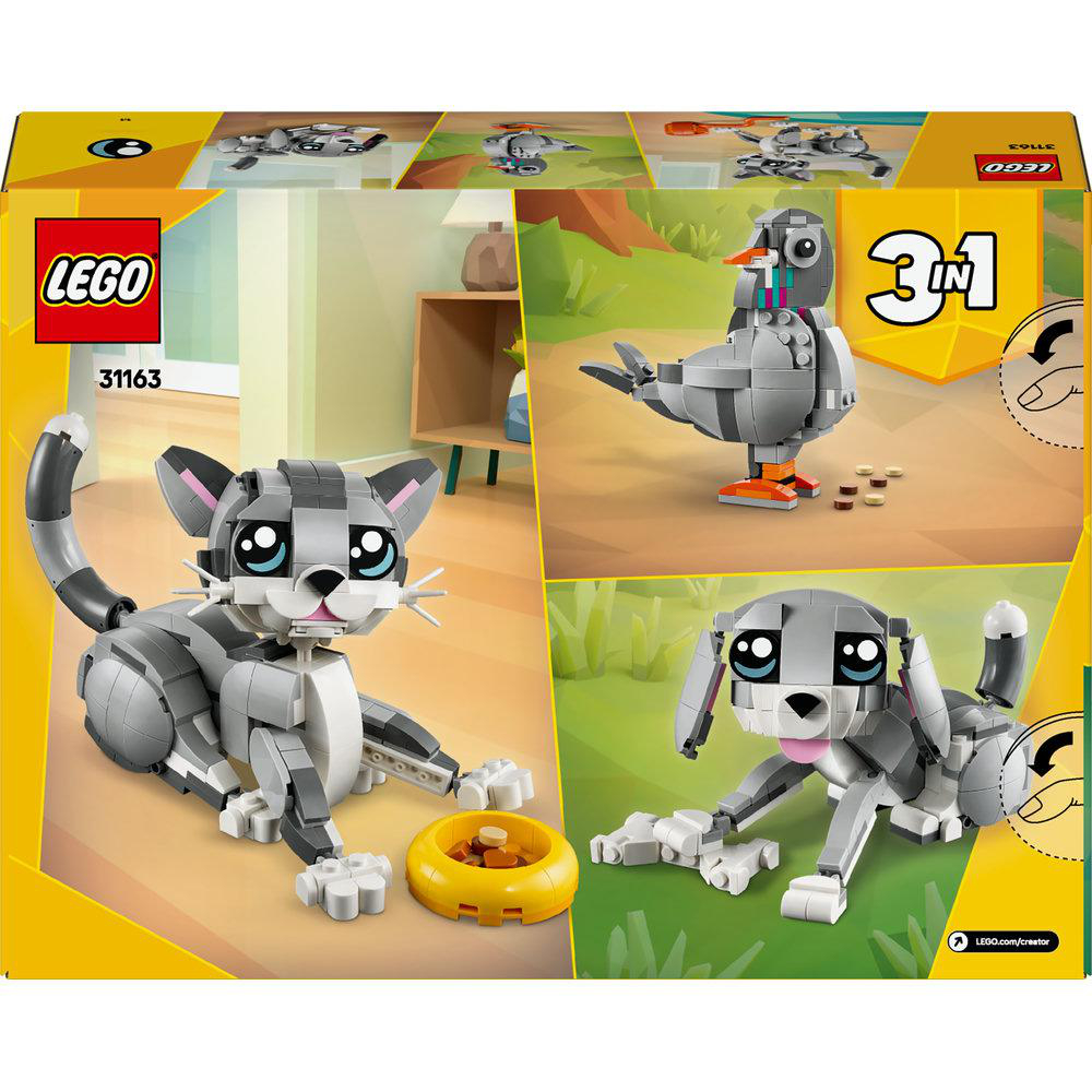 Eine Lego-Box mit einer Katze, einem Hund und einem Vogel in Grau, Weiß und Gelb.