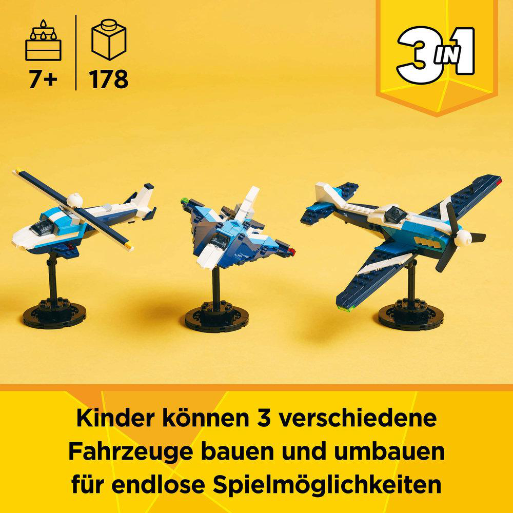 LEGO Creator Set mit Flugzeugen. Text: Kinder können Fahrzeuge für endloses Spielen bauen und umbauen.