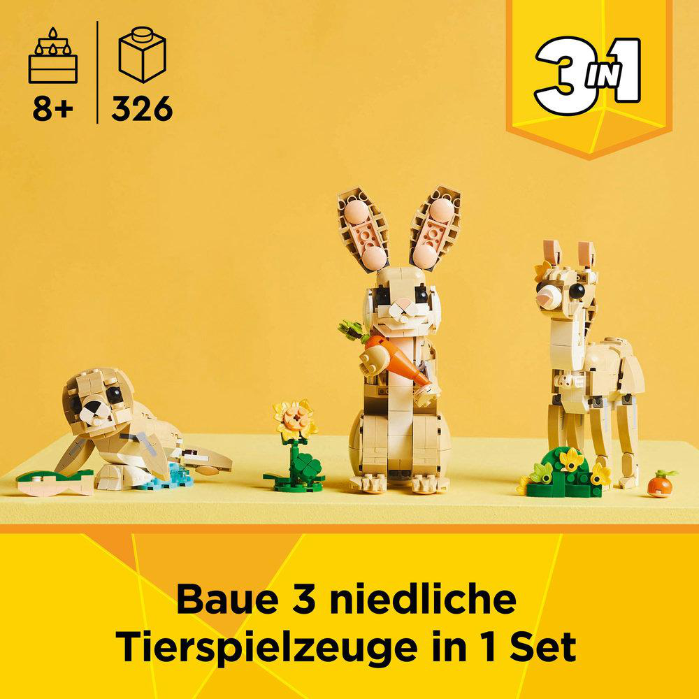 Drei Lego-Tierspielzeuge: Hase, Hund und Lama, mit Zubehör.