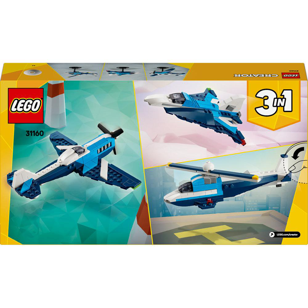 Die Rückseite einer LEGO-Box mit drei Flugzeugmodellen.