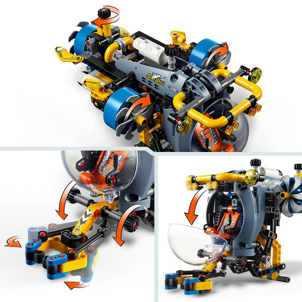Ein LEGO-Set zeigt eine u-bootartige Struktur mit verschiedenen rotierenden Teilen und einem kleinen Innenraum.