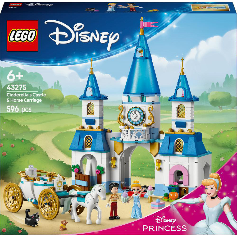 Eine Lego Disney Cinderella's Castle Set-Box mit verschiedenen Figuren und einer Kutsche.