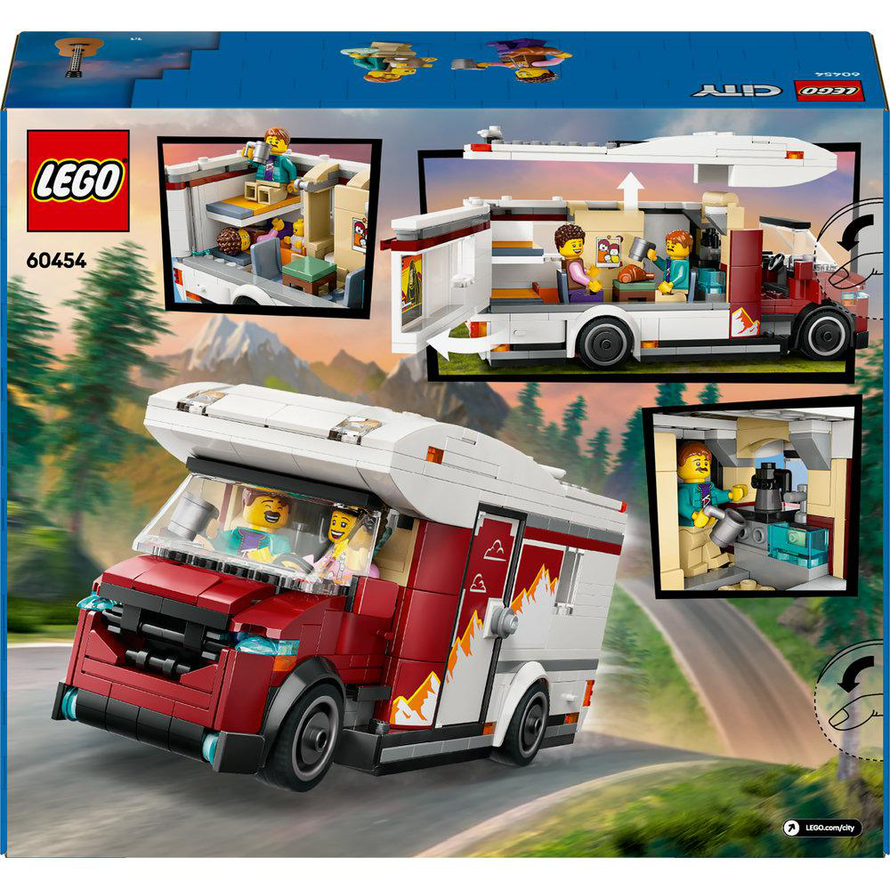 Lego City Wohnmobil-Set mit verschiedenen Szenen innerhalb und außerhalb des Fahrzeugs.