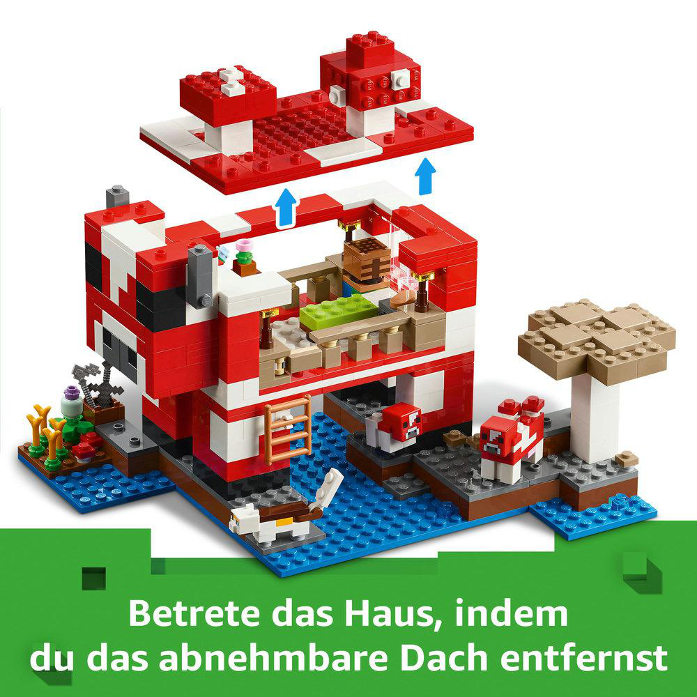 Lego Minecraft-Haus mit abnehmbarem Dach, das Innen- und Außendetails zeigt.