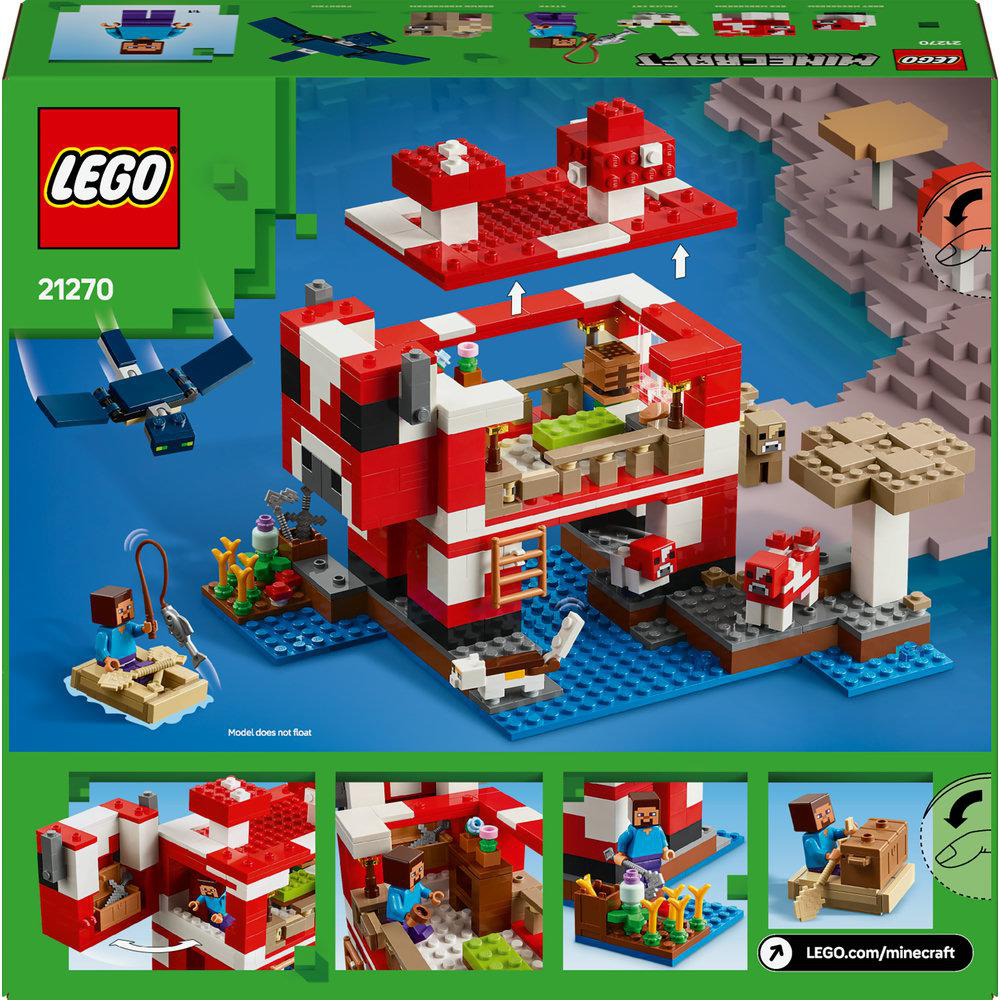 LEGO Minecraft Setbox mit roter und weißer Struktur und verschiedenen Minecraft-Figuren.