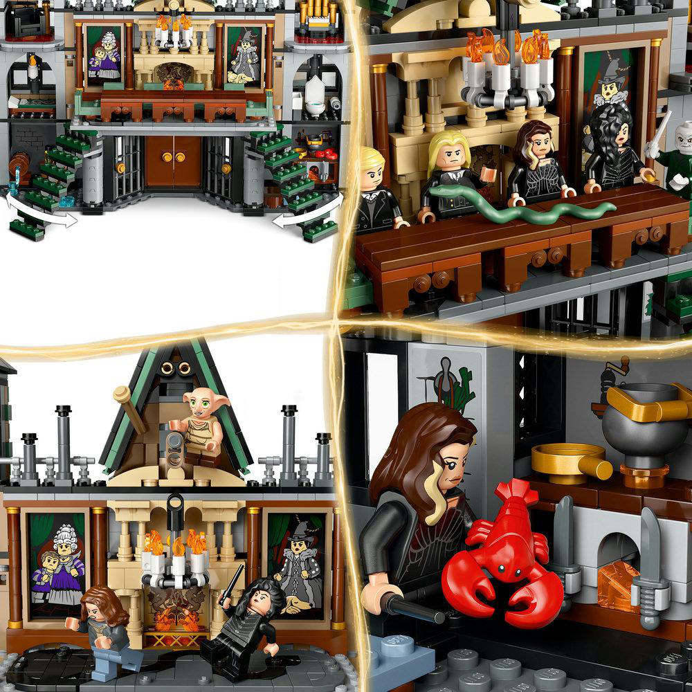 Ein Lego-Set mit mehreren Szenen, das ein Schloss, Charaktere und Innendetails mit magischem Thema zeigt.