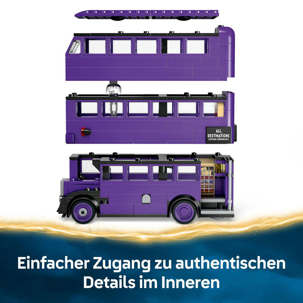 LEGO-Set eines lila Busses mit abnehmbarem Dach und detailliertem Innenraum.