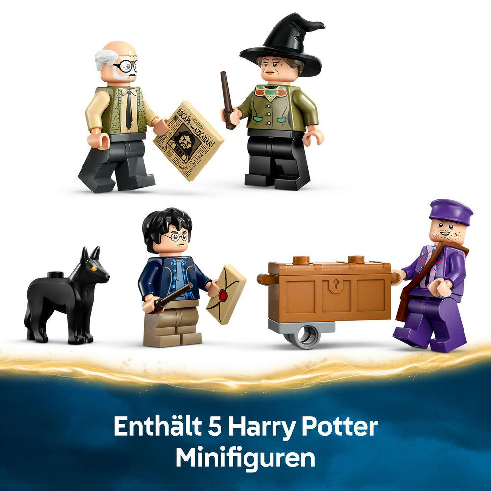 LEGO Harry Potter Set: 5 Minifiguren, darunter Dumbledore und ein schwarzer Hund. Text: Enthält 5 Harry Potter Minifiguren.